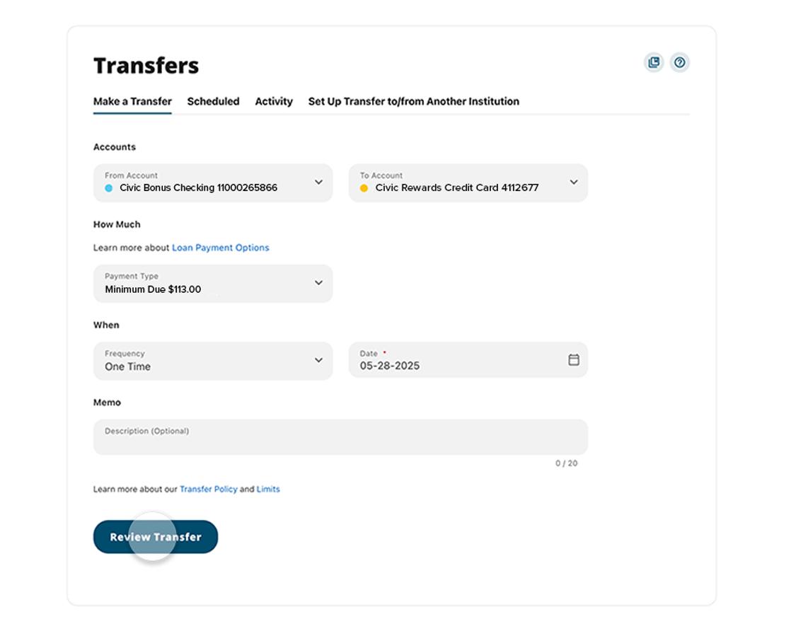 Civic online banking make a payment screen showing date of payment highlighted.