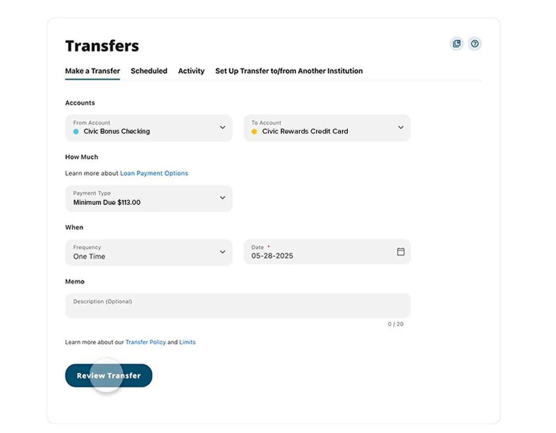 Civic online banking make a payment screen showing date of payment highlighted.