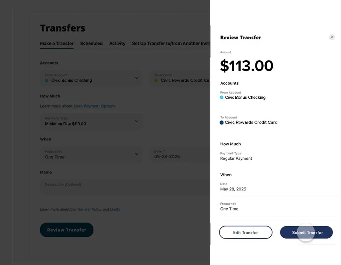Civic online banking make a payment screen showing review details screen. 