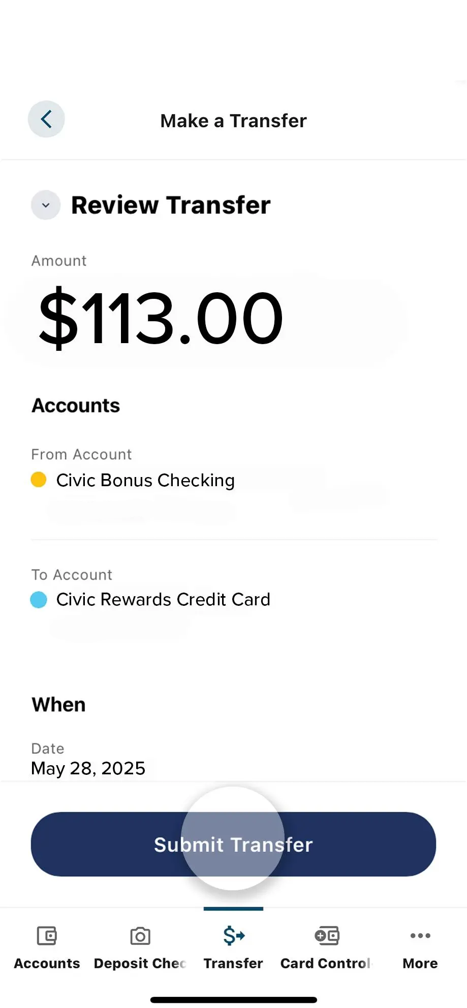 Civic app screen showing payment review details.