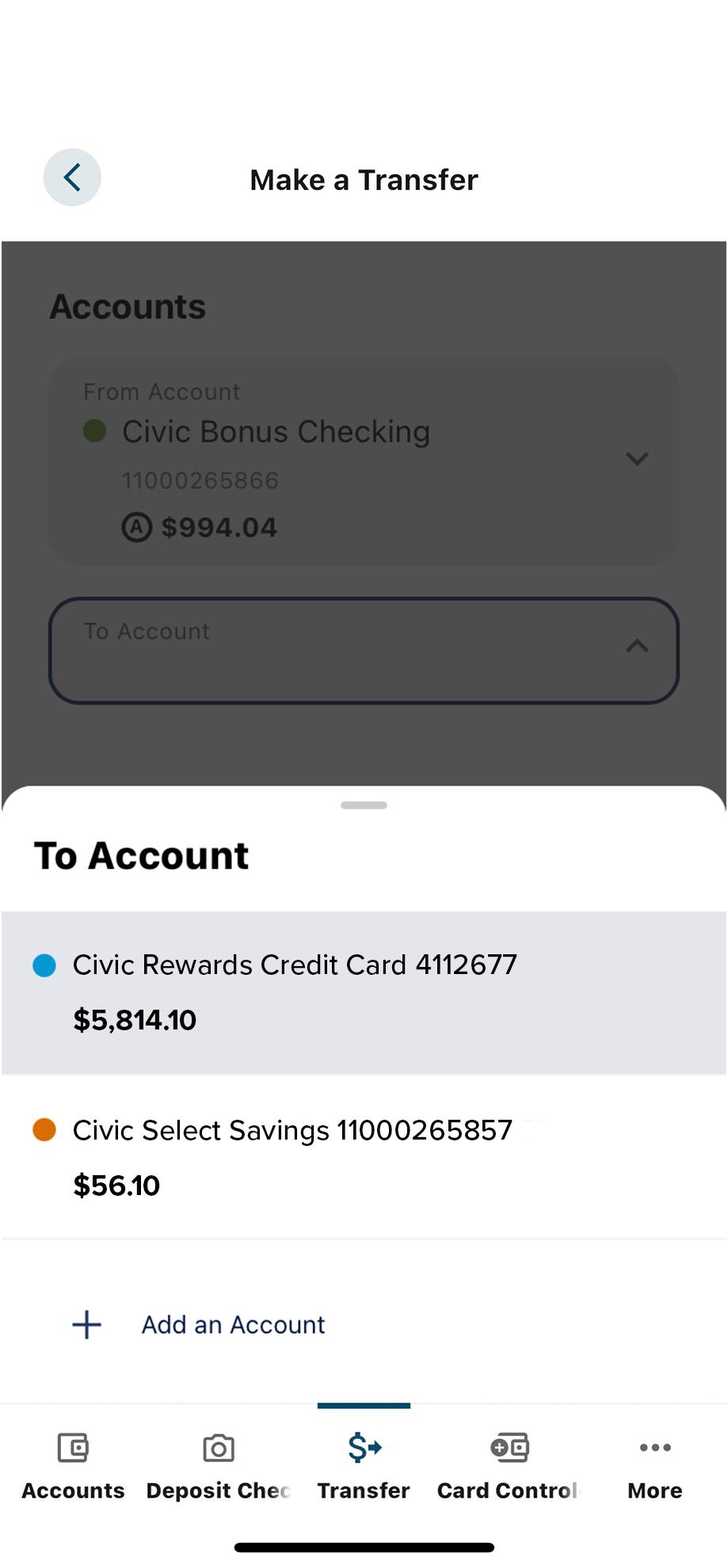 Civic app screen that highlights the selection of an account.