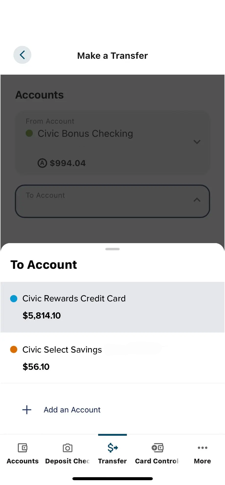 Civic app screen that highlights the selection of an account.