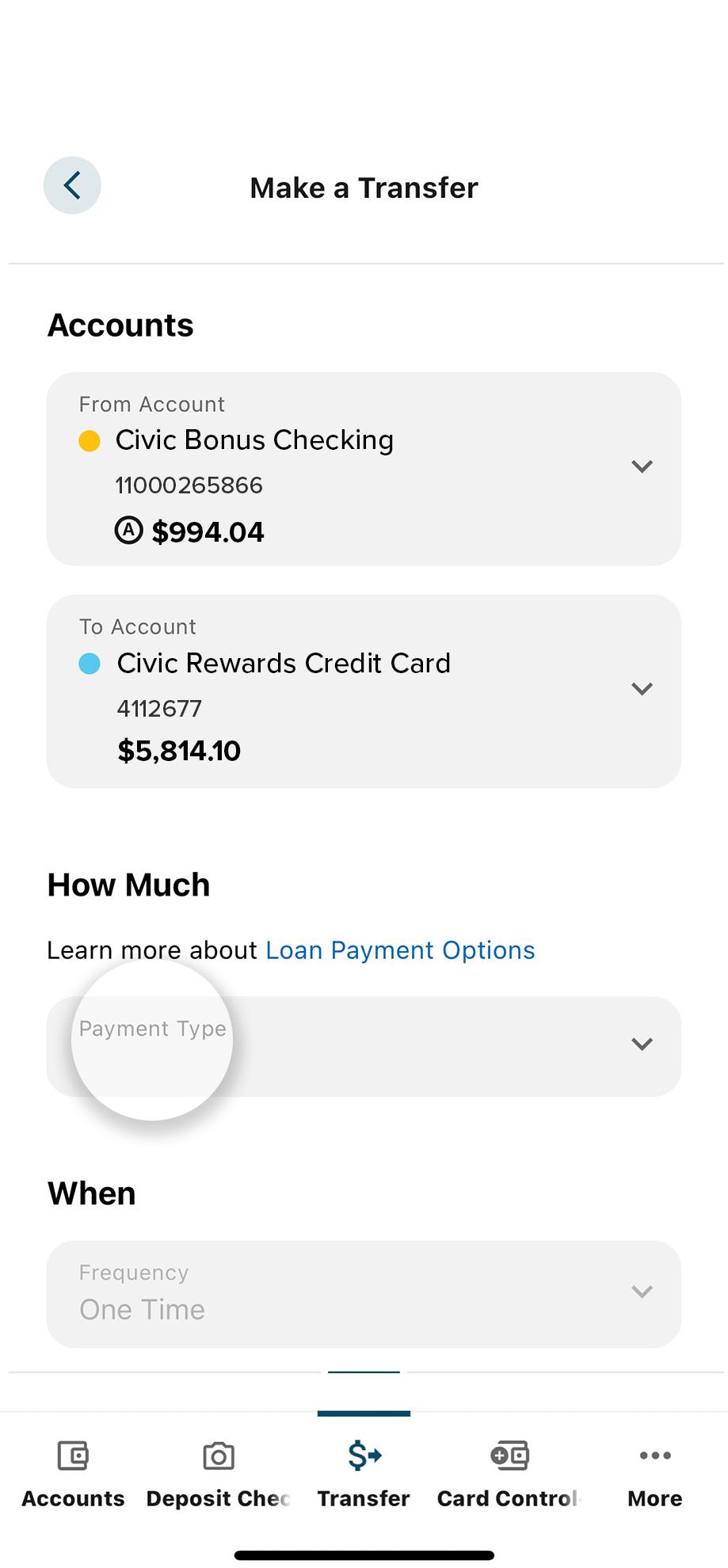Civic app screen that highlights the selection of payment type.