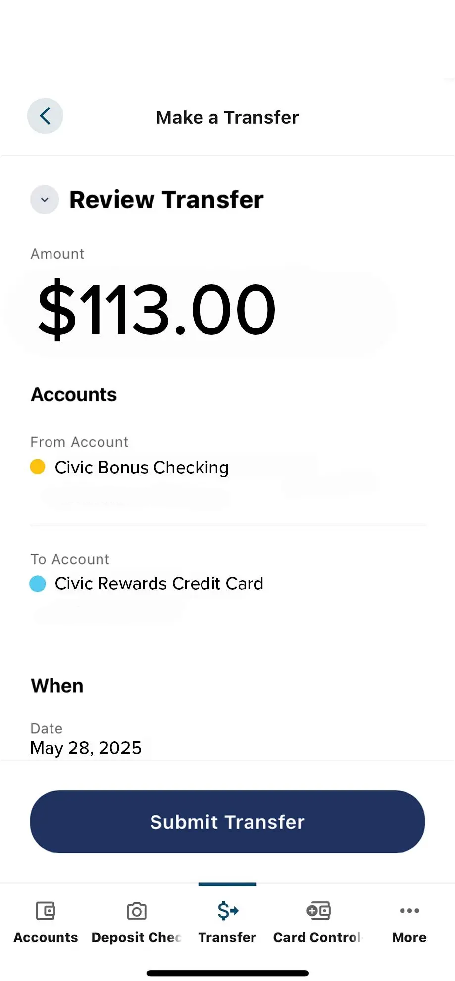 Civic app screen showing payment review details.