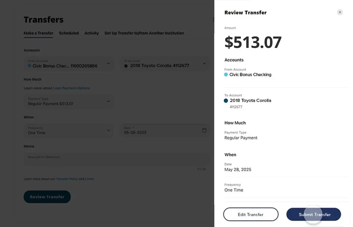 Civic online banking make a payment screen showing review details screen. 