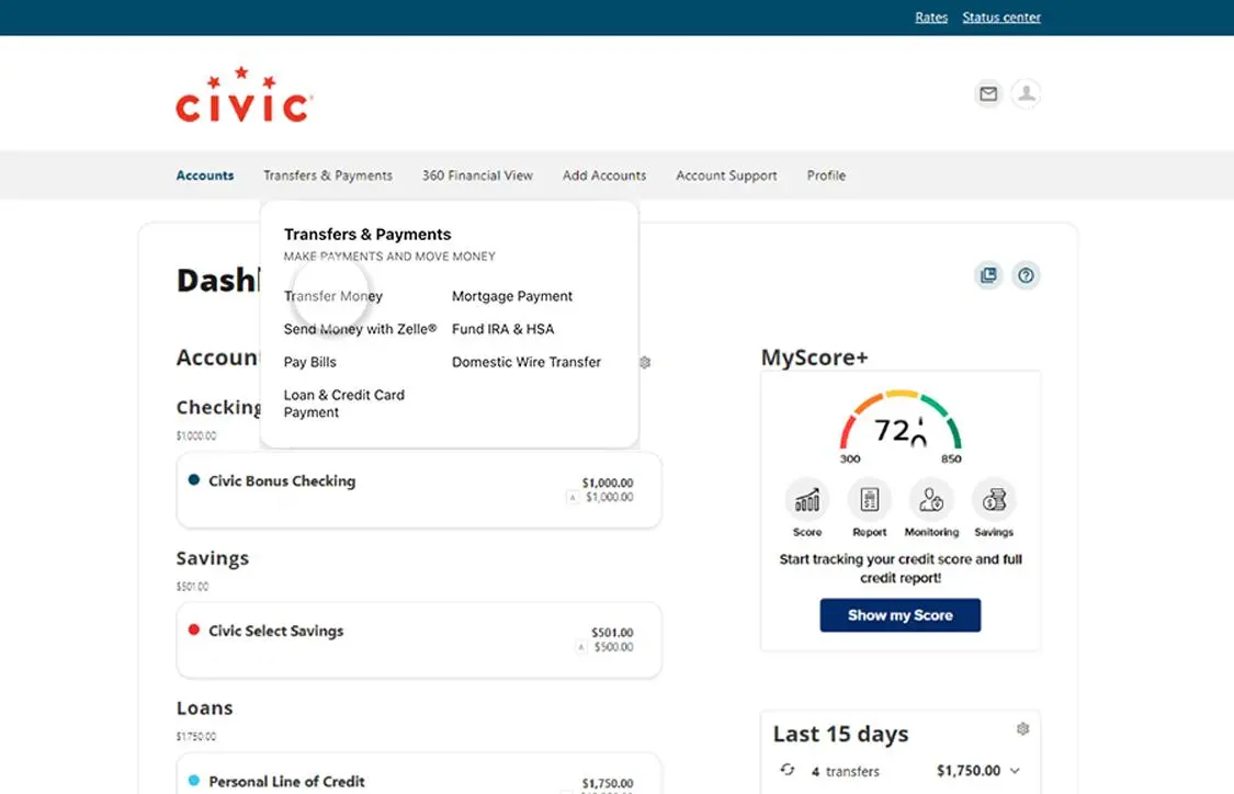 Civic app screen that highlights the selection of transfer money.