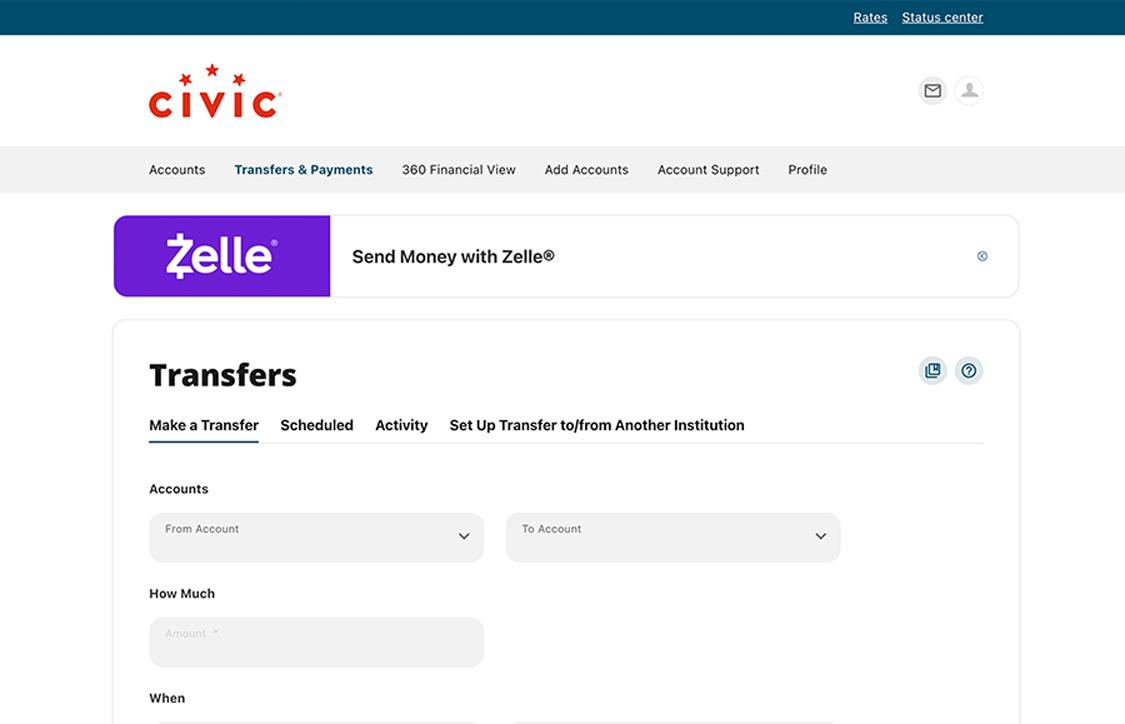 Civic online banking transfers and payments screen.