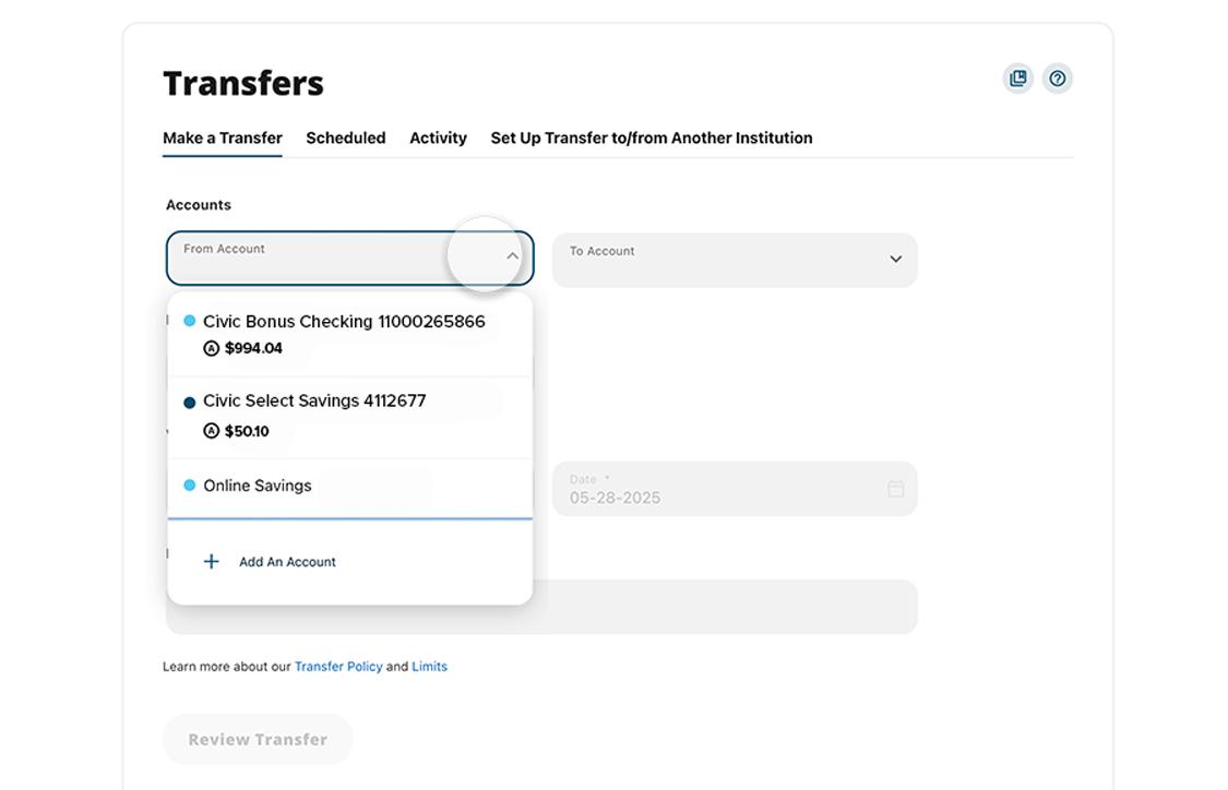 Civic online banking make a payment highlighting account selection.