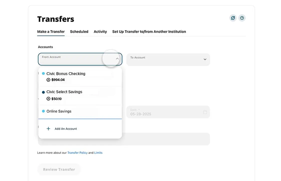 Civic online banking make a payment highlighting account selection.