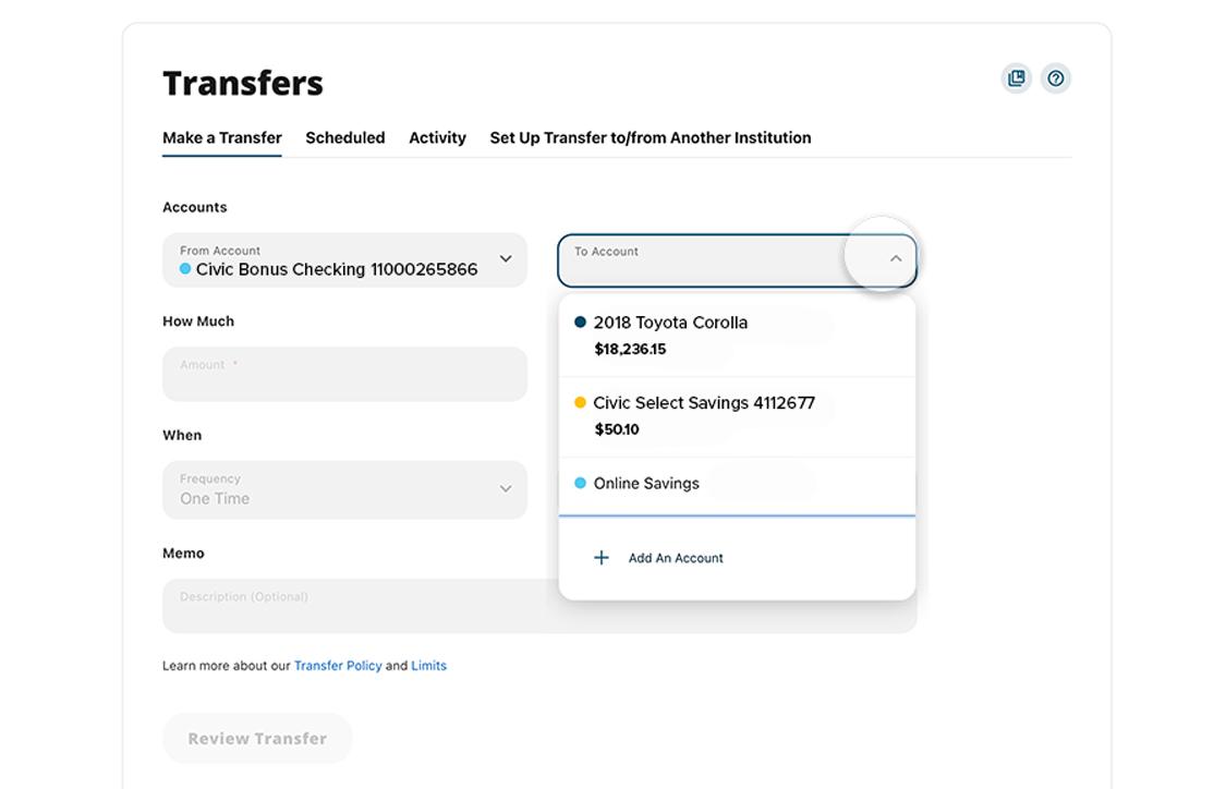 Civic online banking make a payment selecting to account.