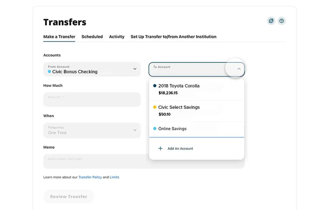 Civic online banking make a payment selecting to account.