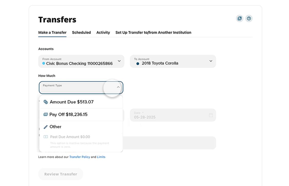 Civic online banking make a payment screen showing payment type highlighted.