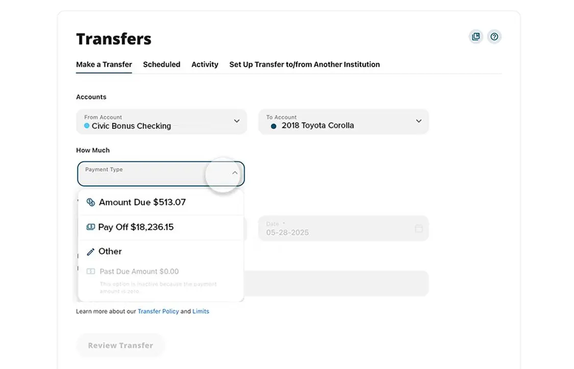 Civic online banking make a payment screen showing payment type highlighted.