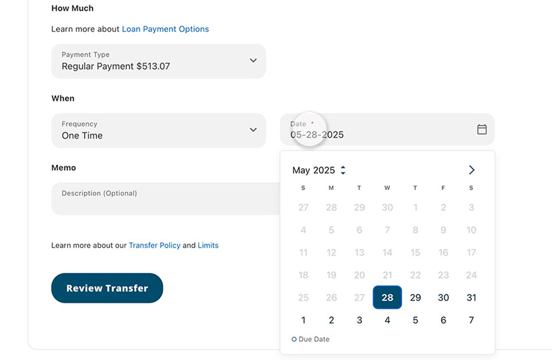 Civic online banking make a payment screen showing date of payment highlighted.