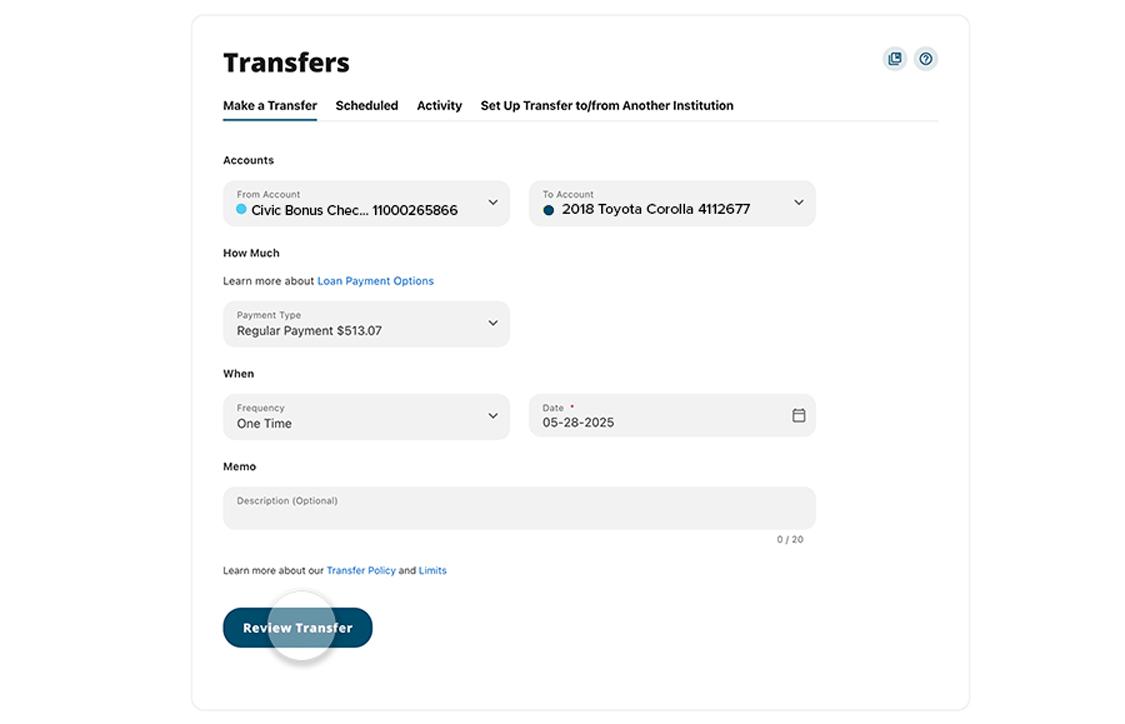 Civic online banking make a payment screen showing review details screen.