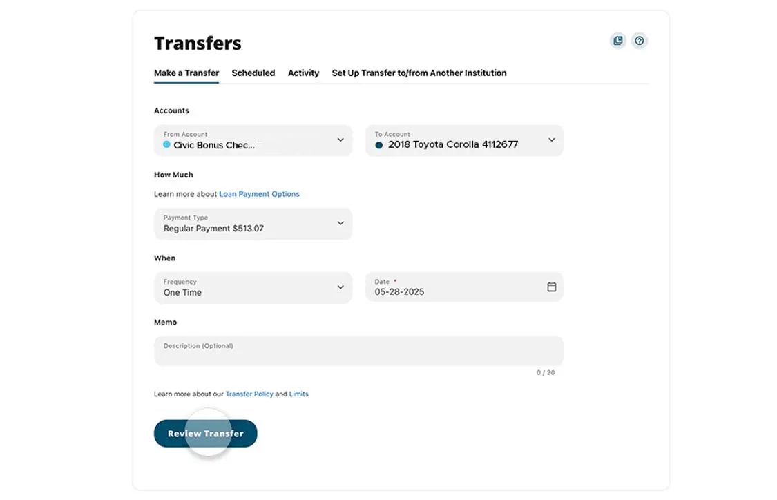 Civic online banking make a payment screen showing review details screen. 