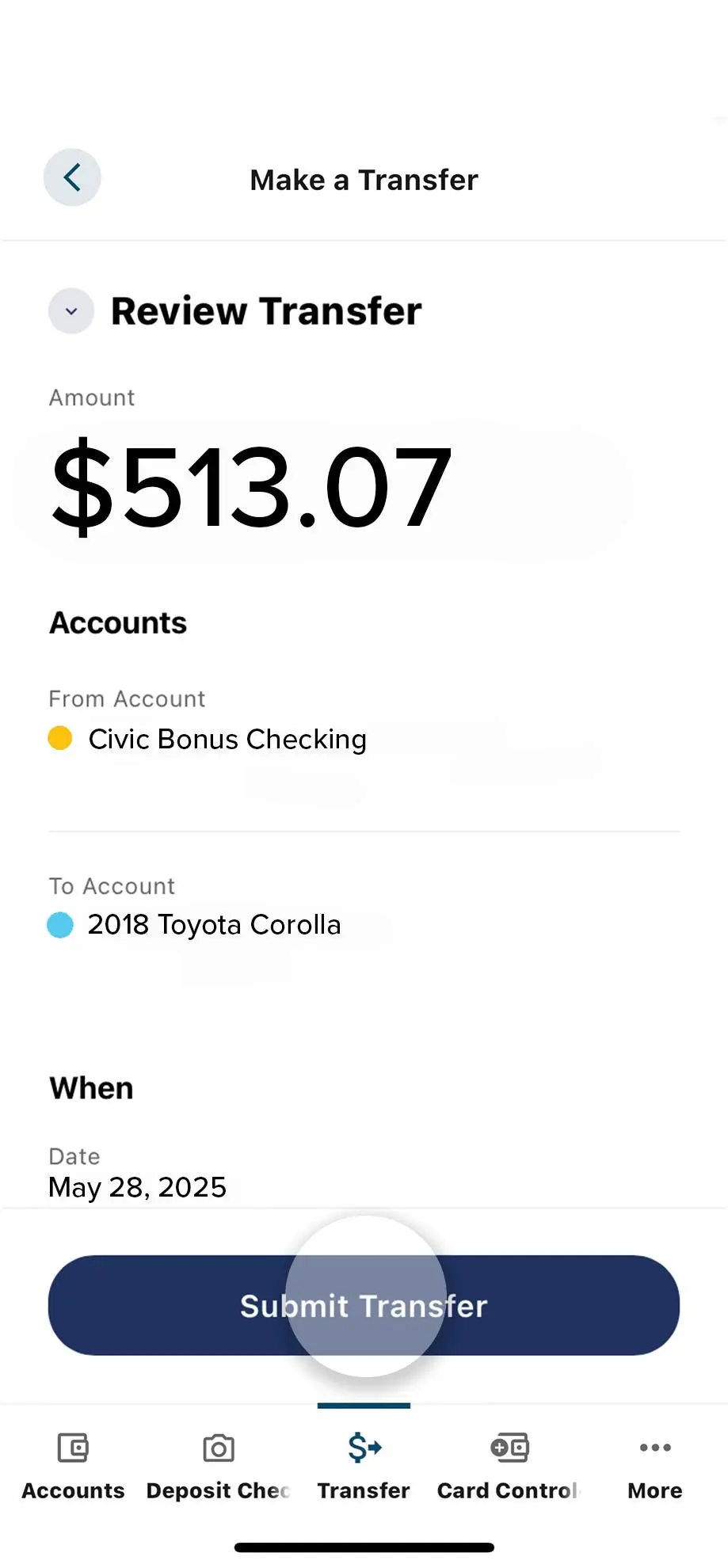 After ensuring all the transfer information is correct, select "Submit Transfer.