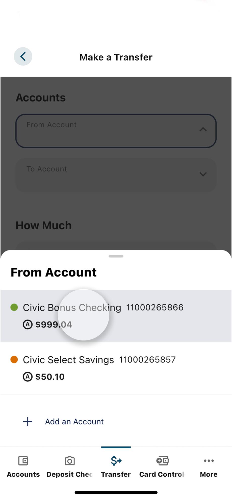 Civic app screen that highlights the selection of an account.