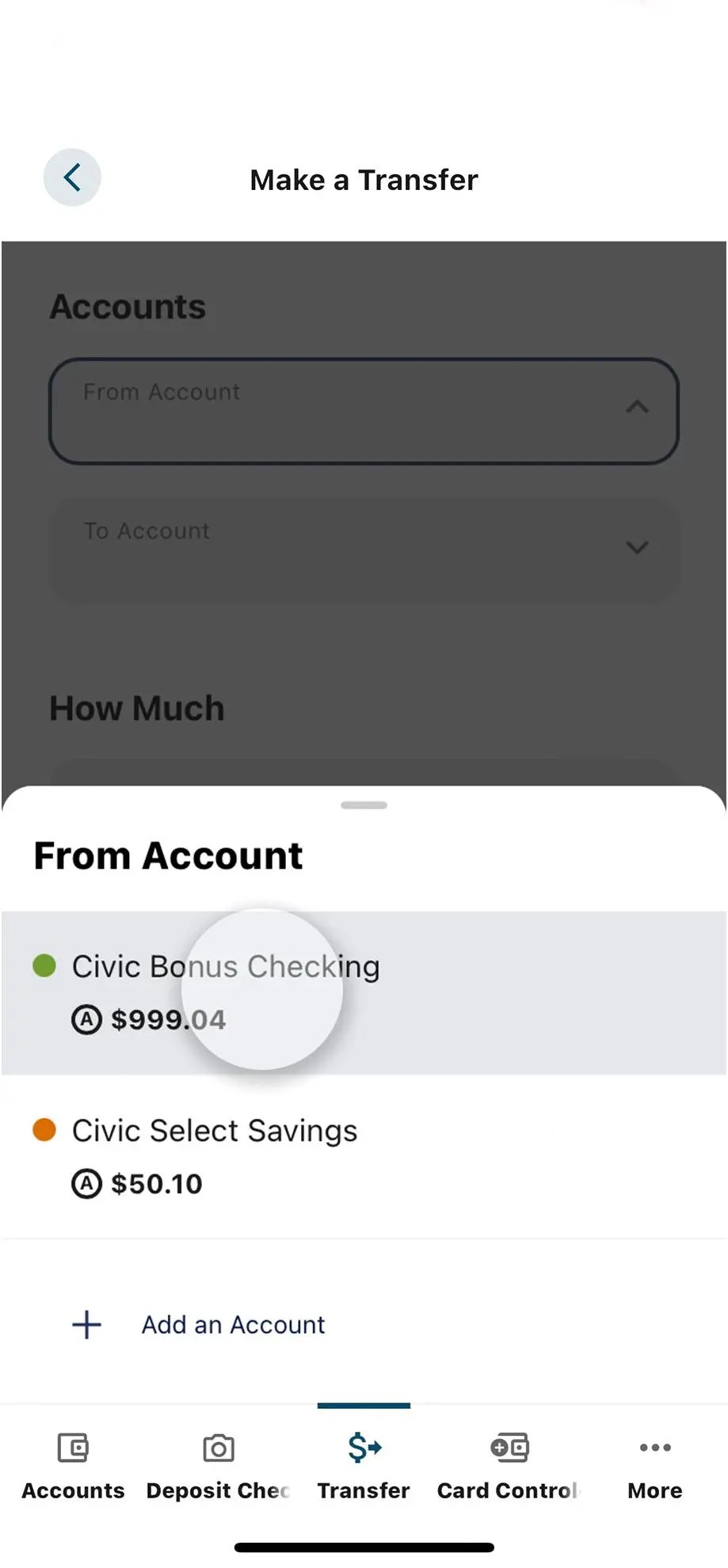 Civic app screen that highlights the selection of an account.