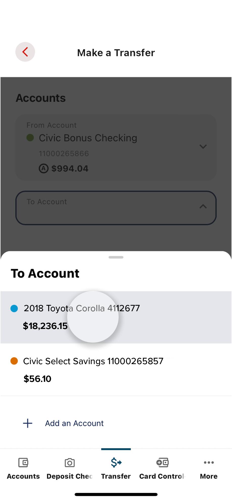 Civic app screen that highlights the selection of an account.