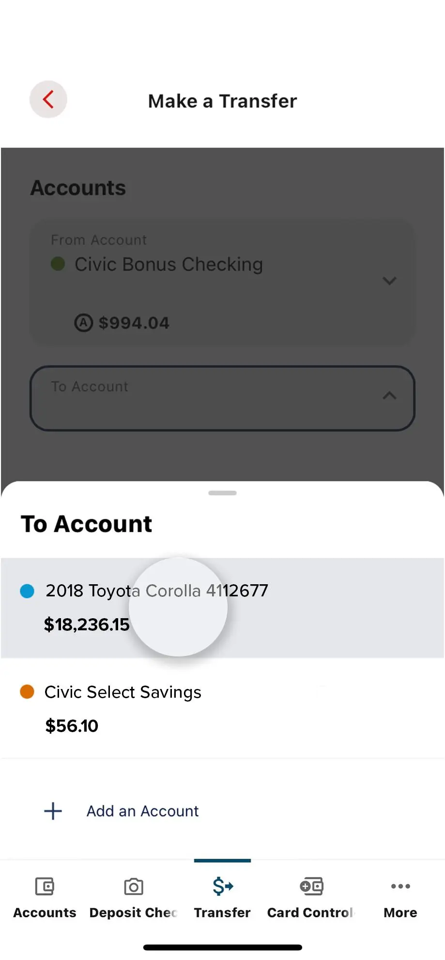 Civic app screen that highlights the selection of an account.