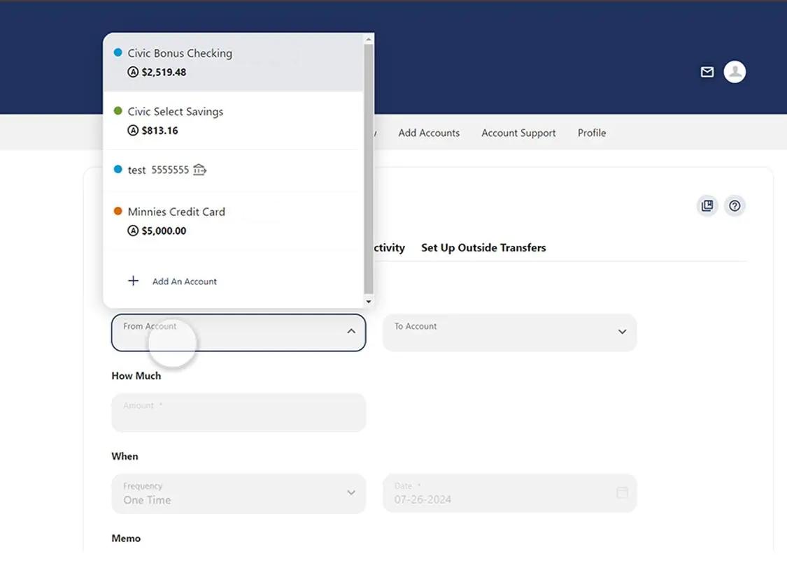 Civic app screen that highlights the selection of an account.