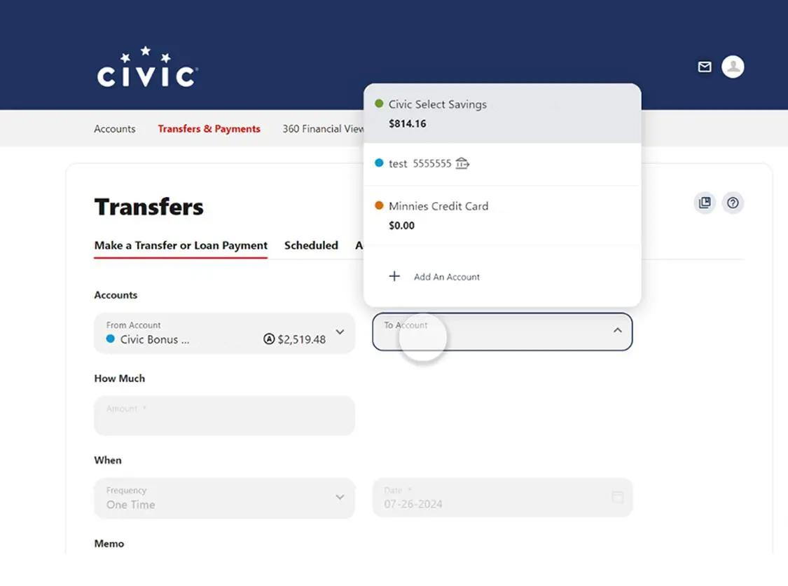 Civic online banking screen that highlights the selection of an account.