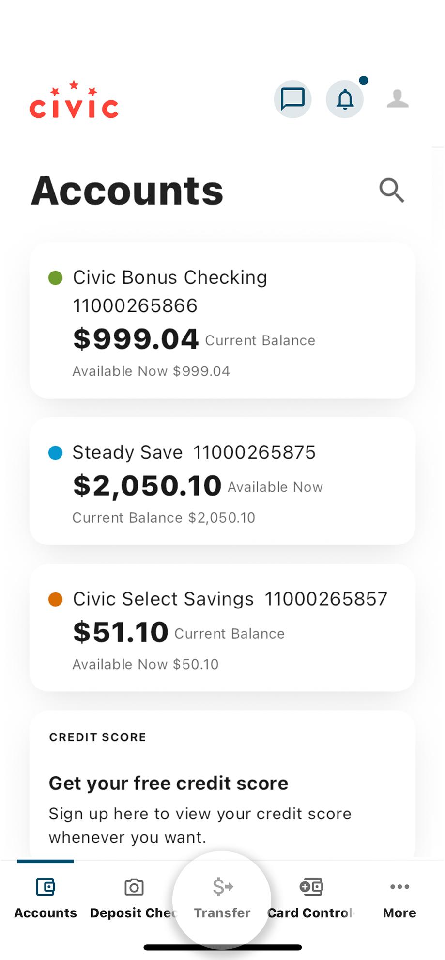 Civic app screen that highlights the selection of transfer.