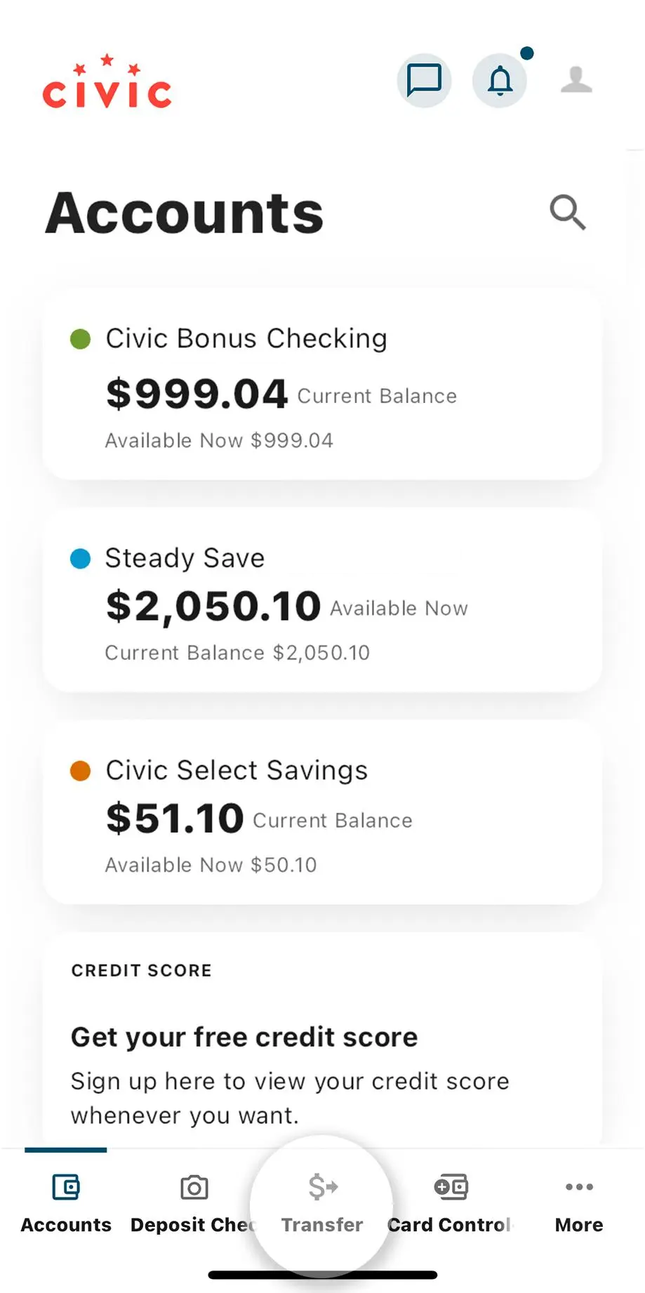 Civic app screen that highlights the selection of transfer.
