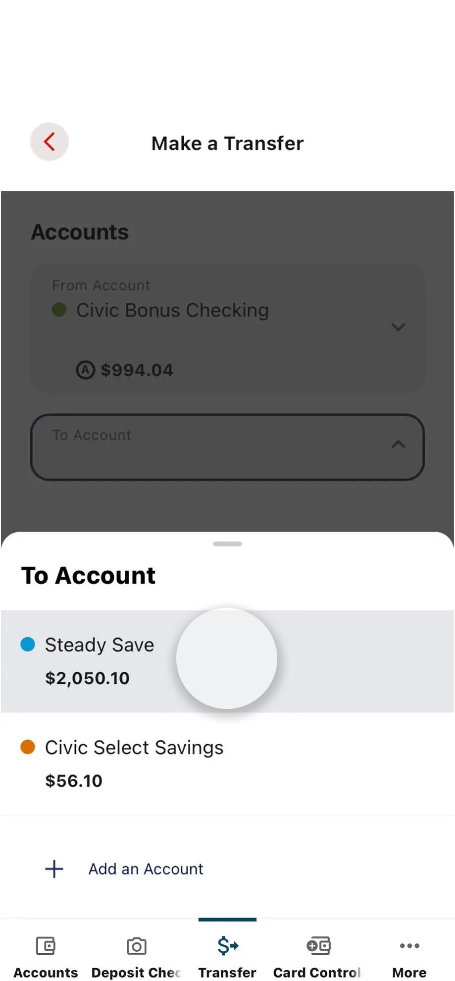 Civic app screen that highlights the selection of an account.