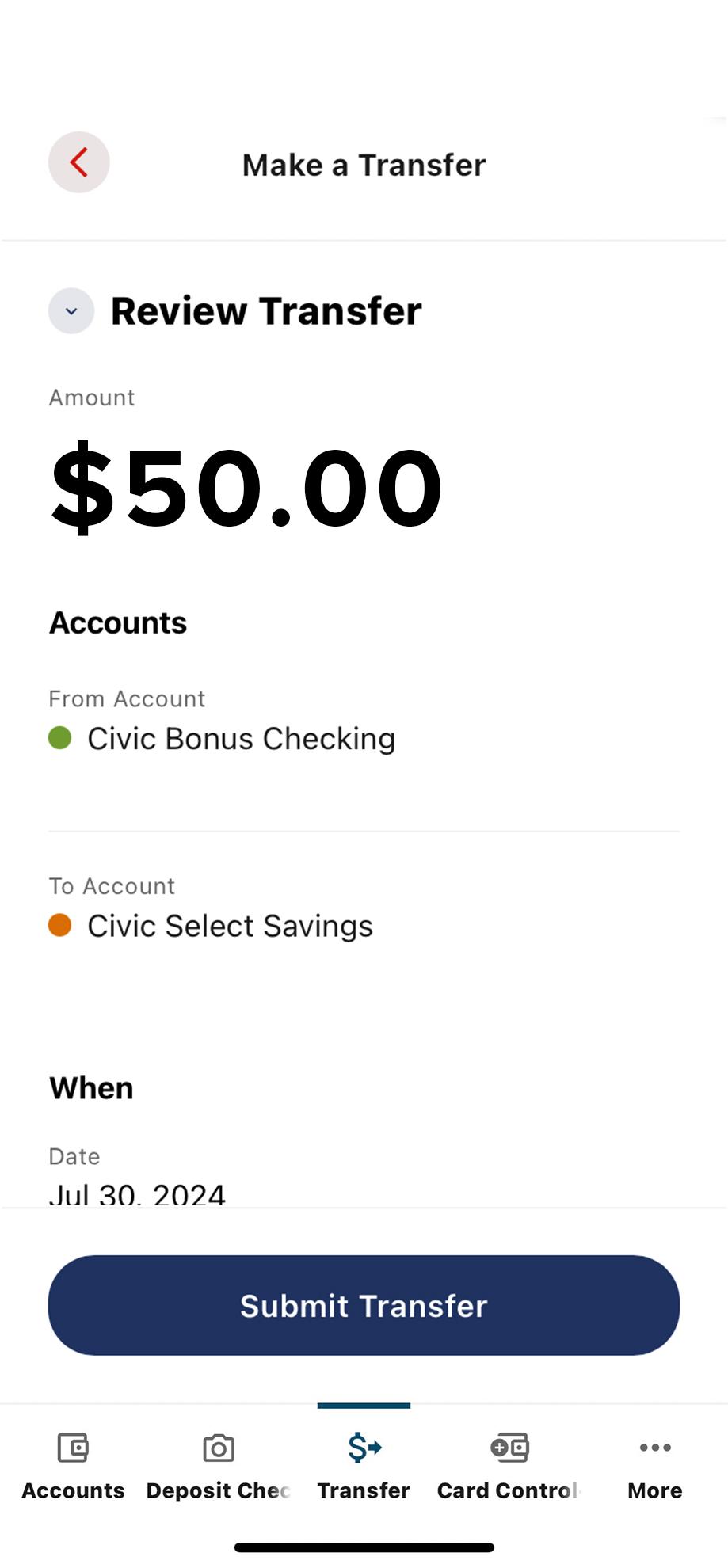 Civic app screen that shows the details of the transfer.