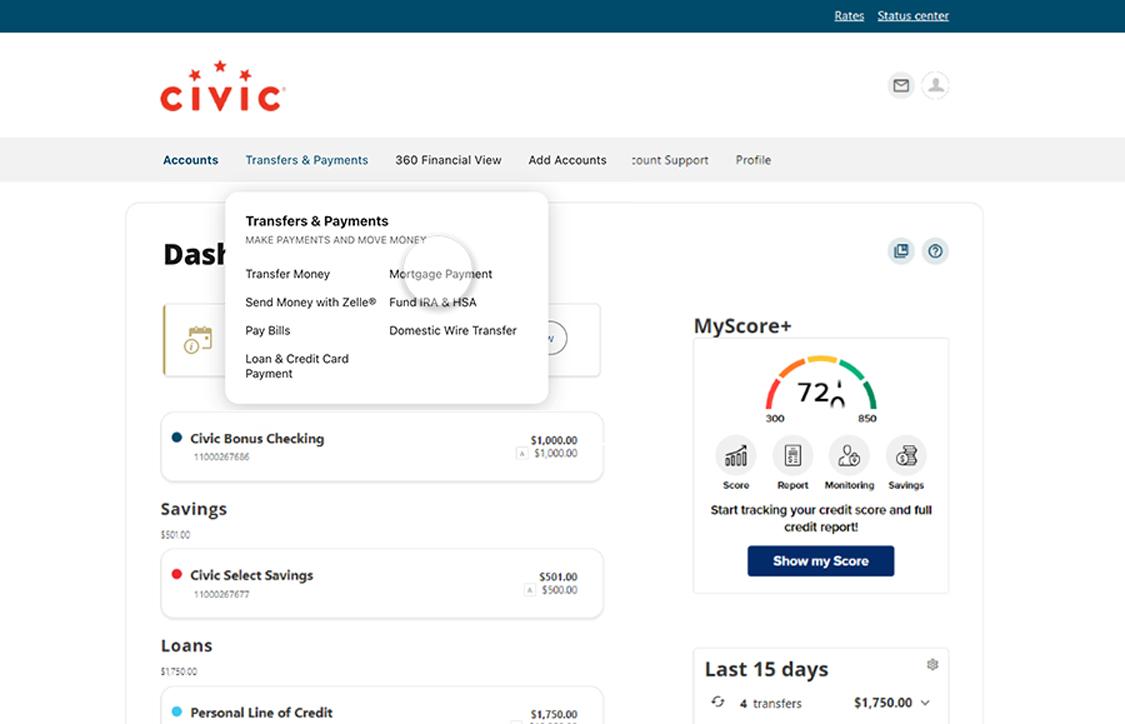 Civic Online Banking sahowing transfers & payments dropdown and mortgage payment highlighted.