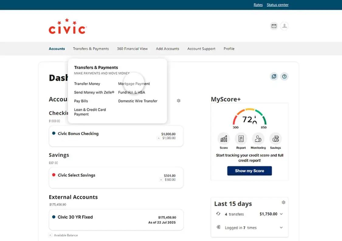 Civic online banking accounts dashboard highlighting mortgage payment.