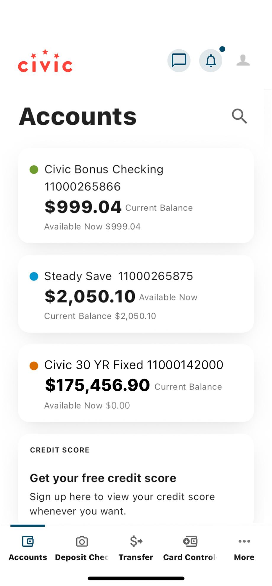 Civic mobile app accounts dashboard.