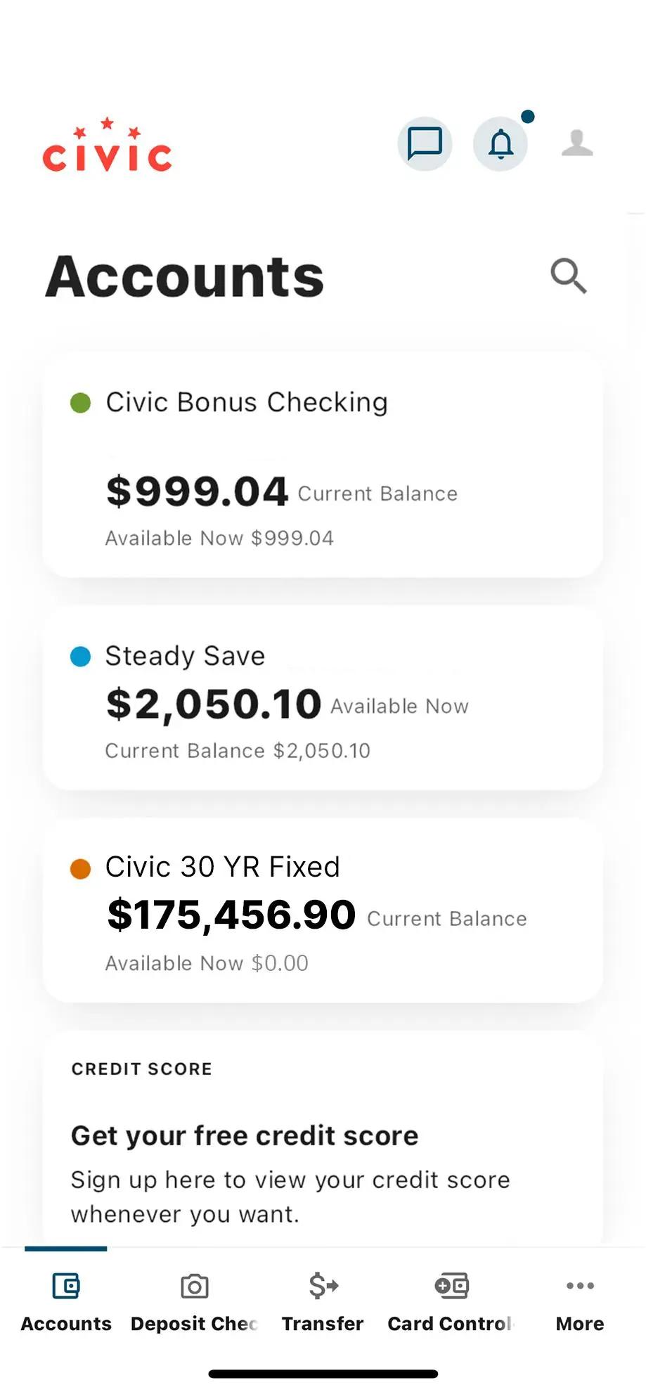 Civic mobile app accounts dashboard.