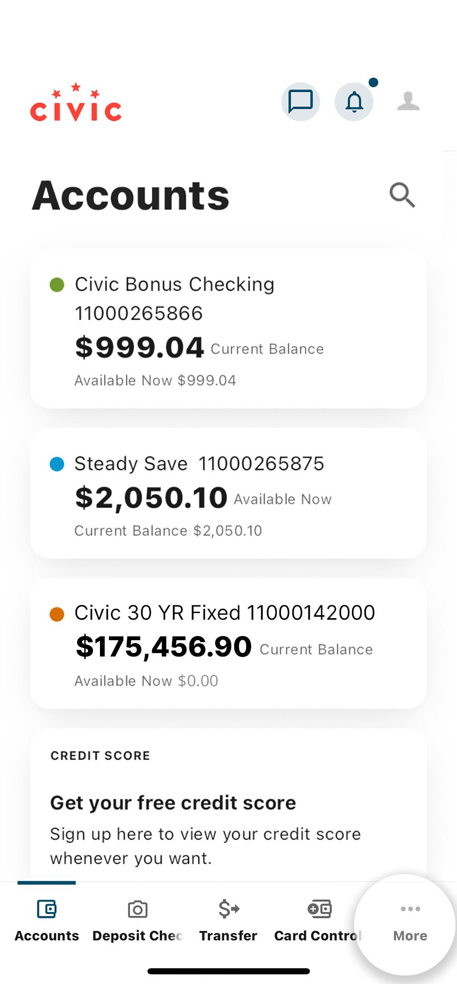 Civic mobile app accounts dashboard highlighting more.