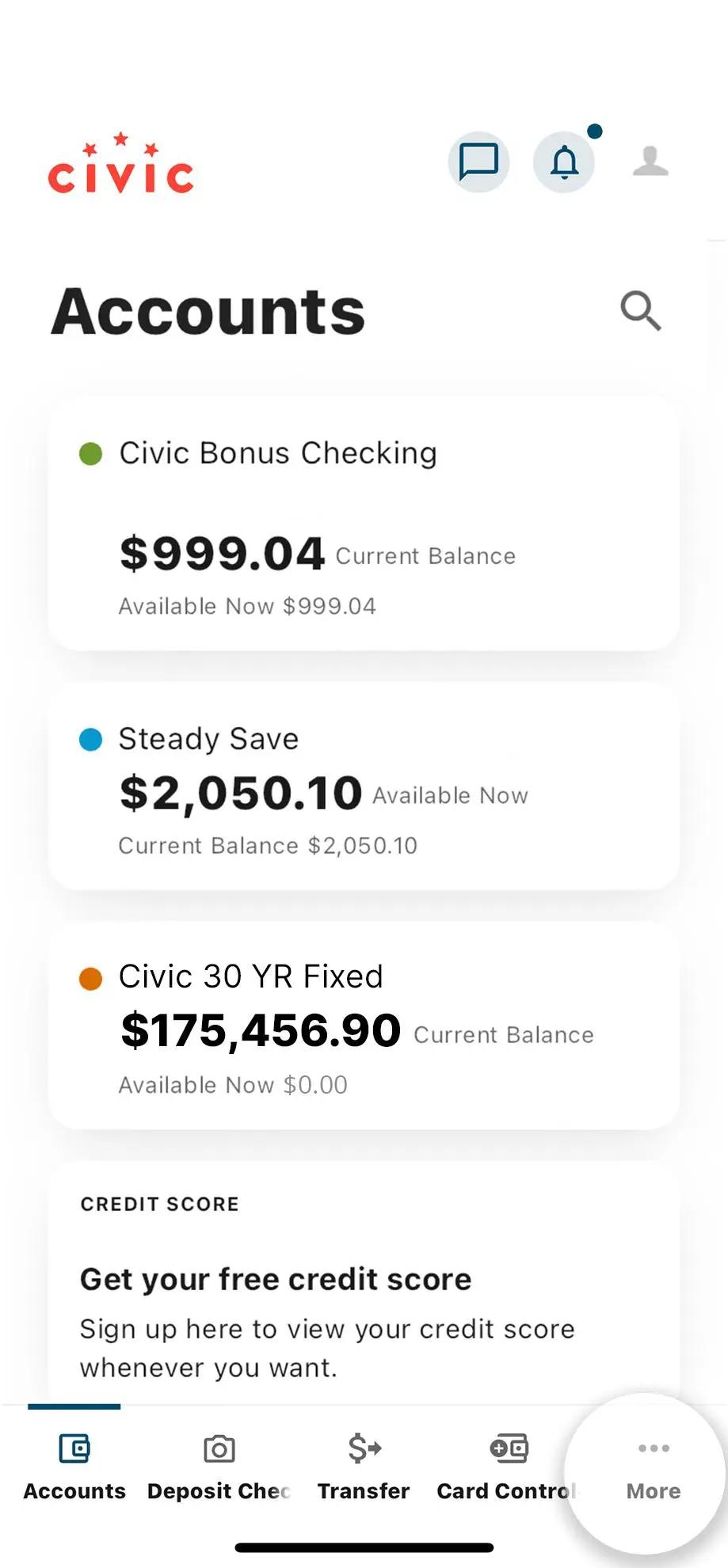 Civic mobile app accounts dashboard highlighting more.