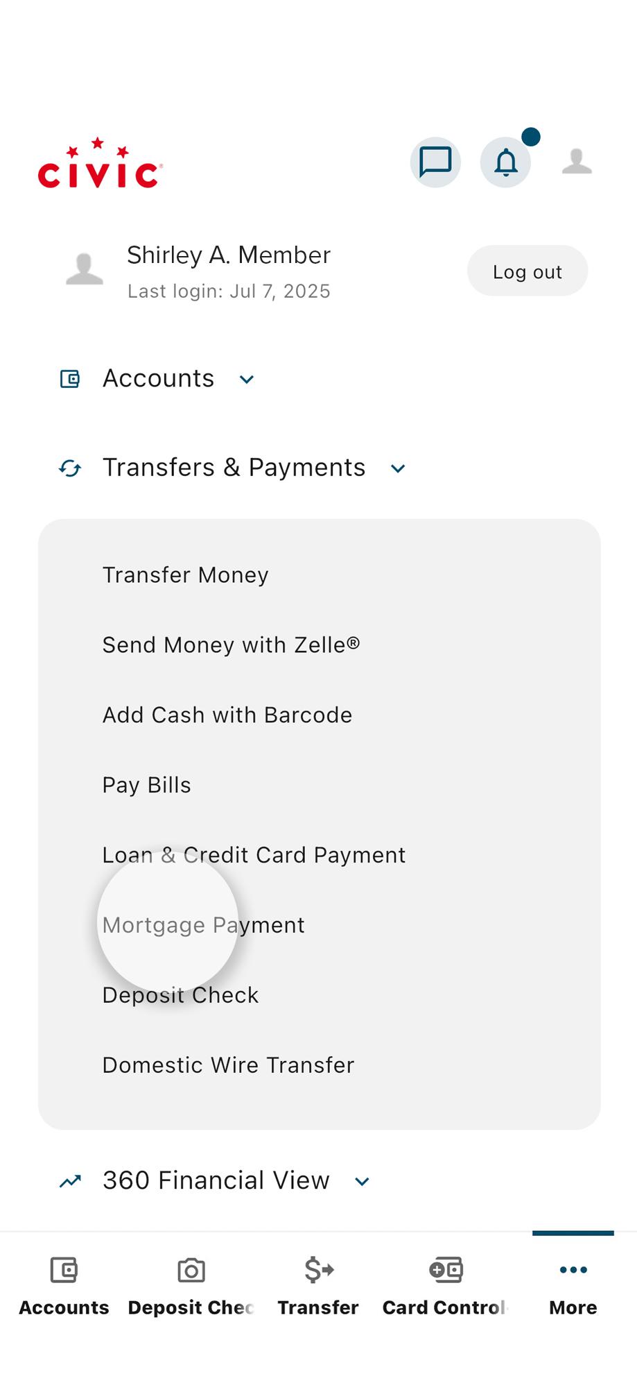 Civic mobile app showing more menu with Transfer & Payments dropdown opened, and mortgage payment highlighted.