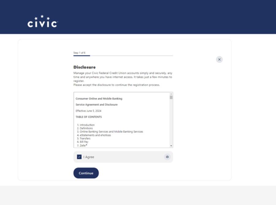 Civic online banking screen that lists relevant disclosures.