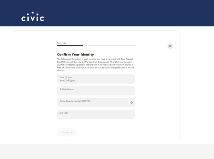 Civic online banking screen that showcases fields to confirm identity.