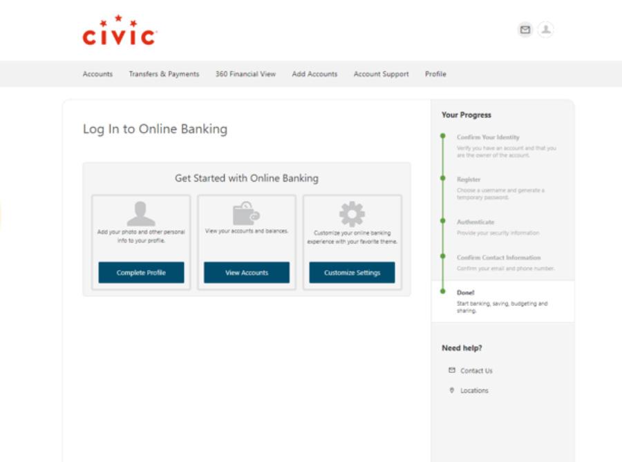 Final screen of online banking registration.