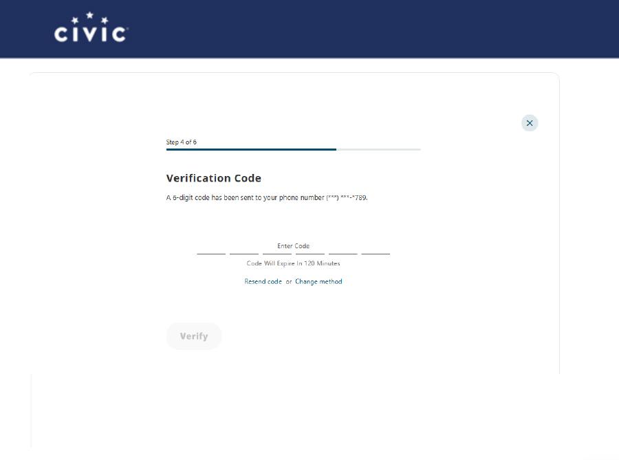 Civic online banking registration, two-factor authentication code.