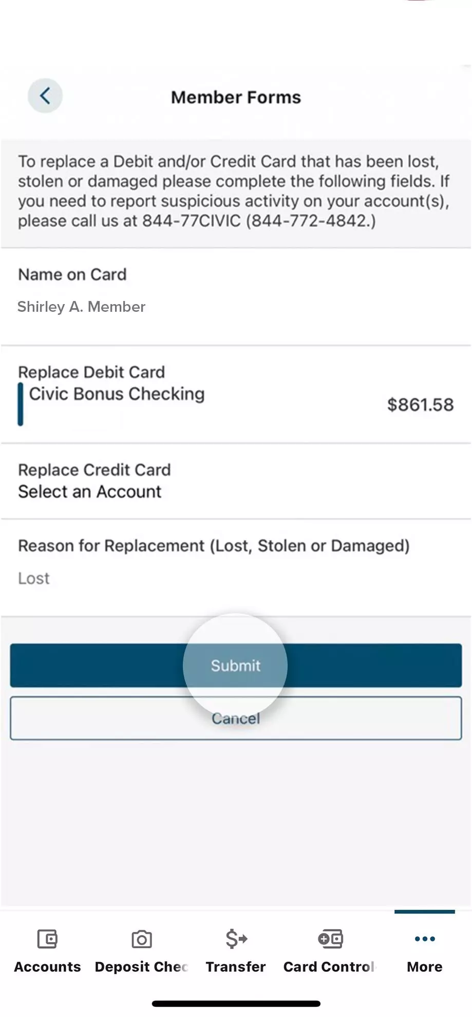 Civic app screen that highlights the selection of submit.