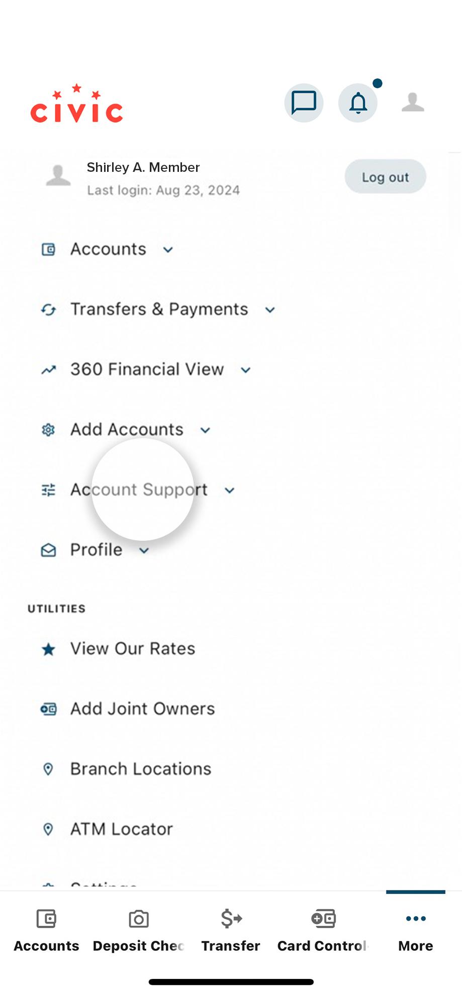 account support screen mobile