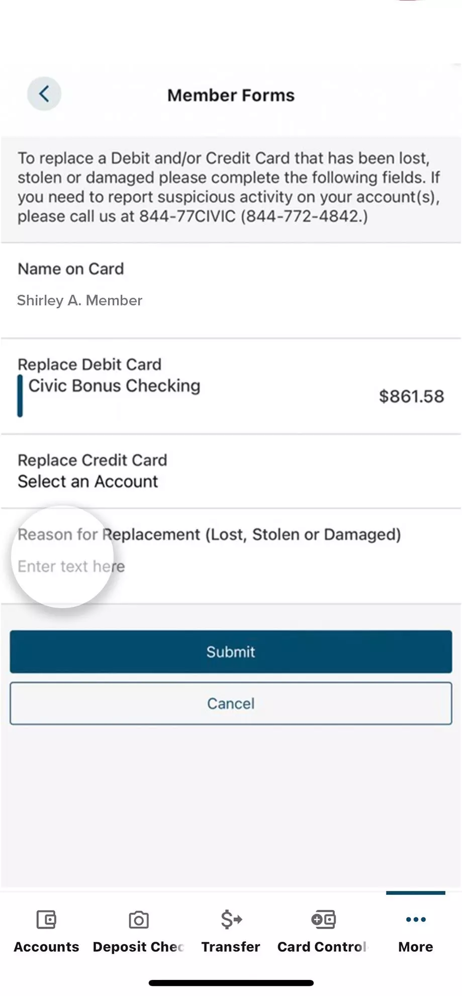 Civic app screen that highlights the selection replacement reason.