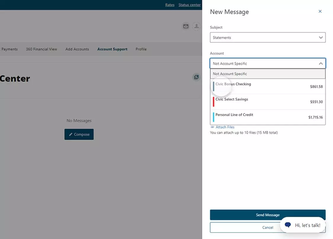 Civic online banking screen that highlights the selection of an account.