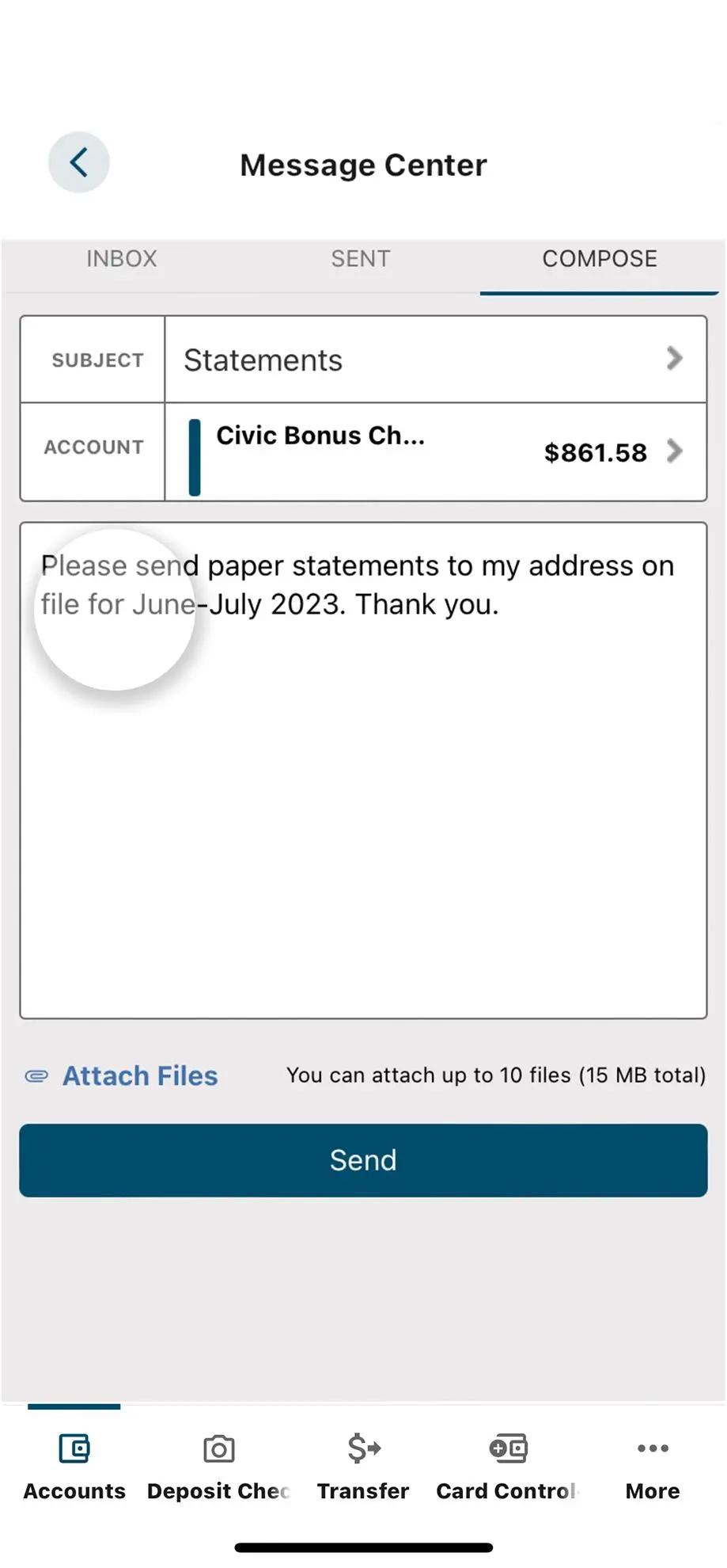 Civic app screen that highlights the selection of the text field.