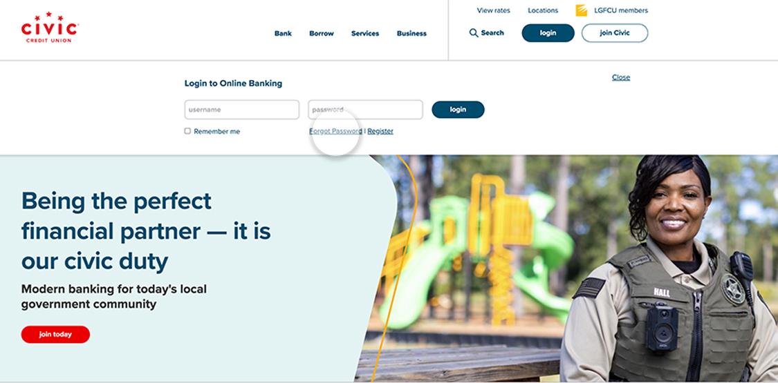 Civic homepage highlighting the forgot password in the login dropdown.