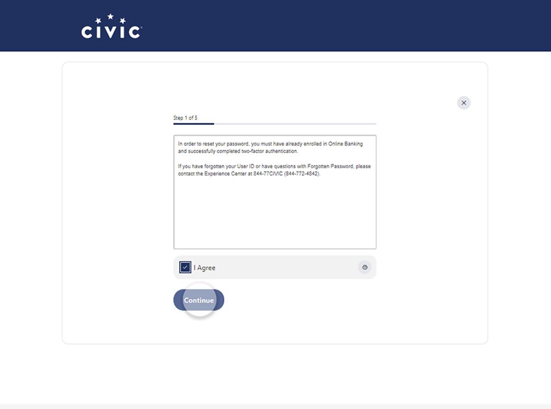 Civic webpage showing the disclosures that need to be agreed to reset password.