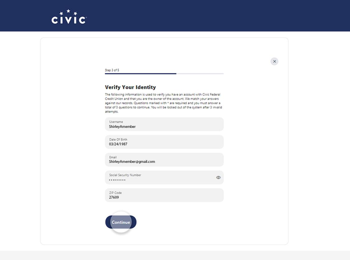 Screen showing all the required input fields filled in.